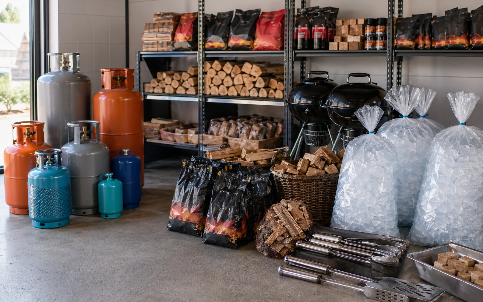 In-store gas cylinders, purified ice, braai wood, charcoal and braai equipment at GB Gas and Ice